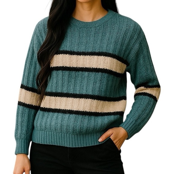 Vintage 80s Metallic Sweater Kinetic Kids Knit Stripe Size Medium - Picture 1 of 14